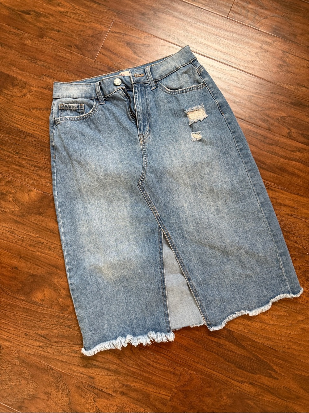 Distressed Denim Front Open Skirt